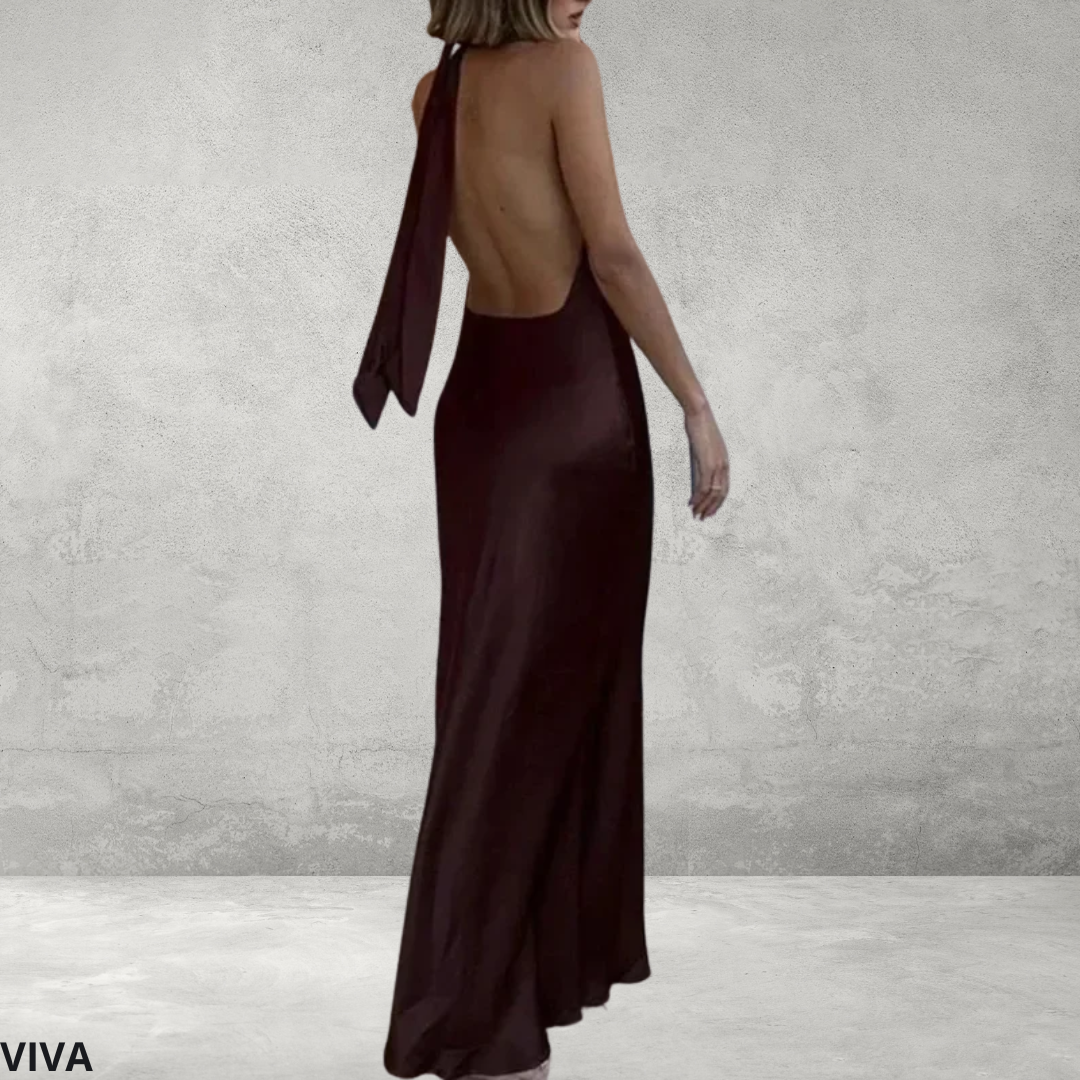 Satijnen Off-Shoulder Jurk – Bruine Midi, Geplooid en Backless