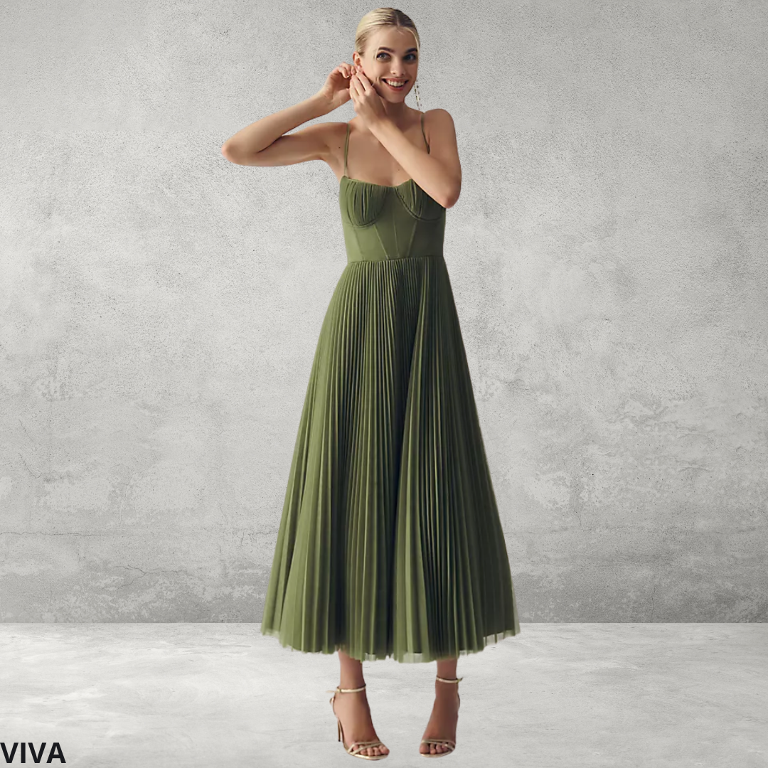 Dames Bustier Midi Jurk – Tule Fit & Flare Plissé Feestjurk