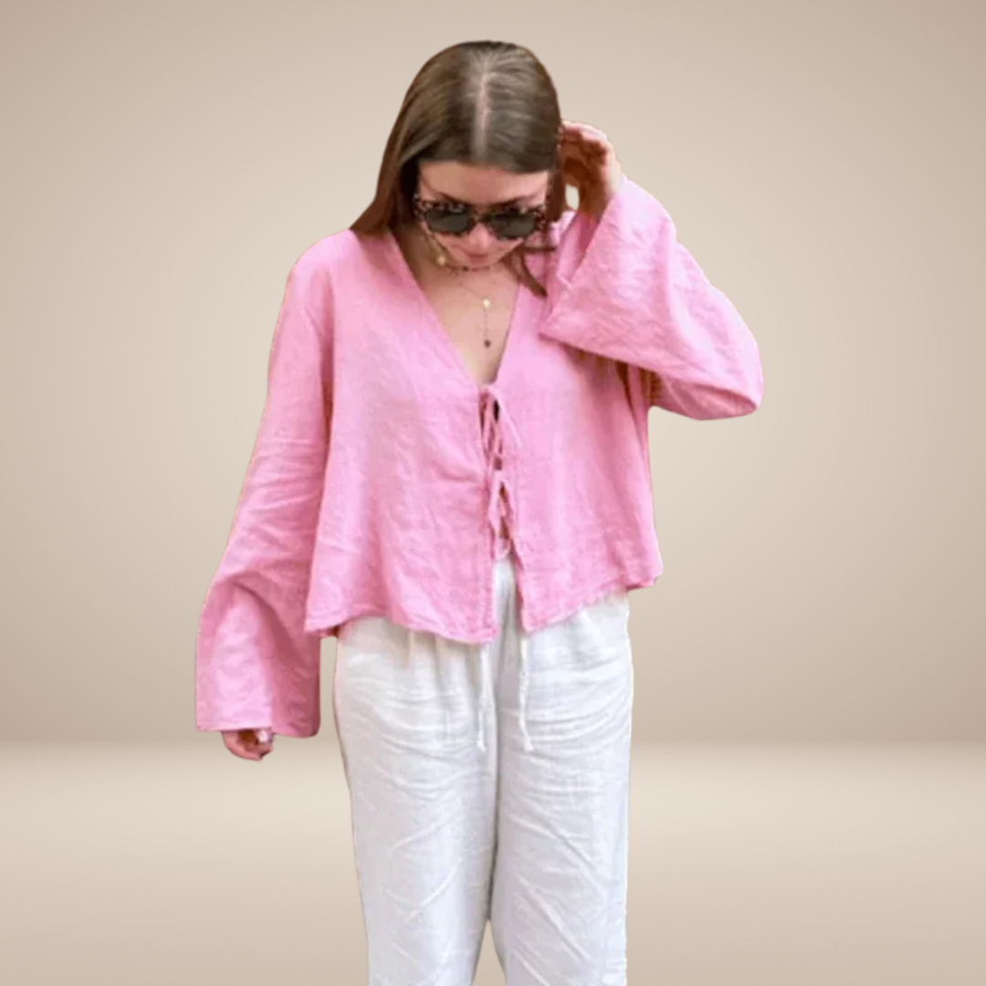 Dames Linnen Blouse | V-hals met Lange Mouwen & Strikdetail