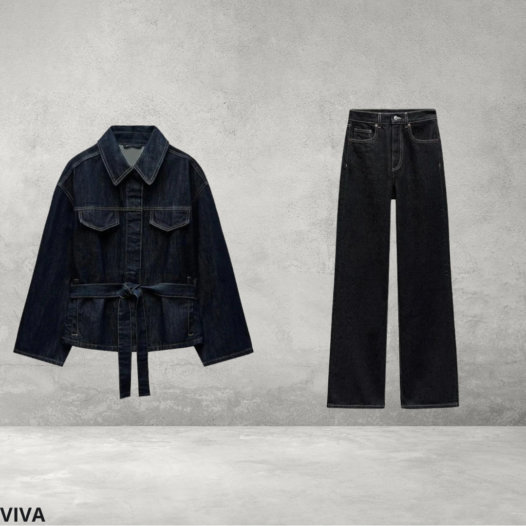 Dames Denim Set – Vintage Jas en Broek met Ceintuur