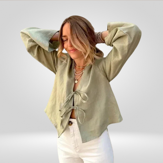 Dames Linnen Blouse | V-hals met Lange Mouwen & Strikdetail