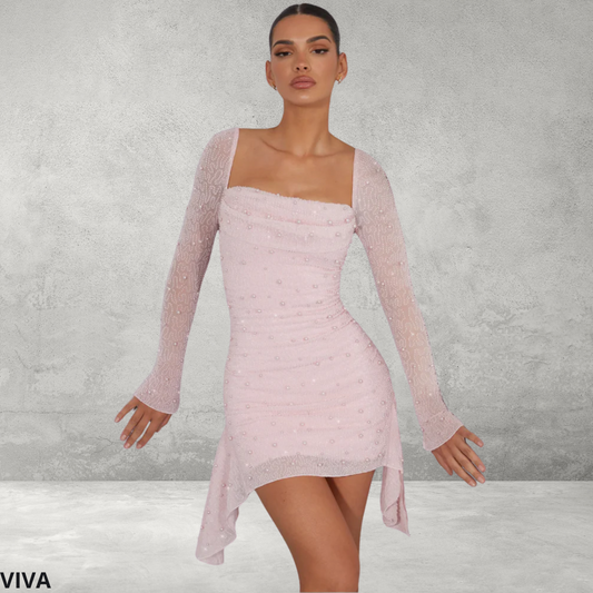 Elegante Dames Avondjurk – Pareldetails op Halslijn en Taille