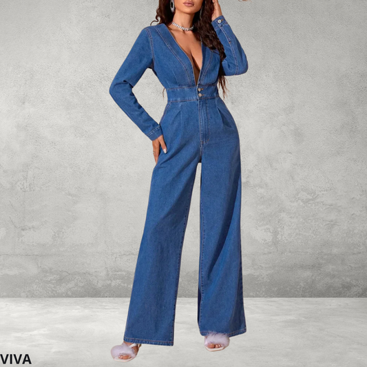 Sexy Denim Jumpsuit met Diepe V-Hals