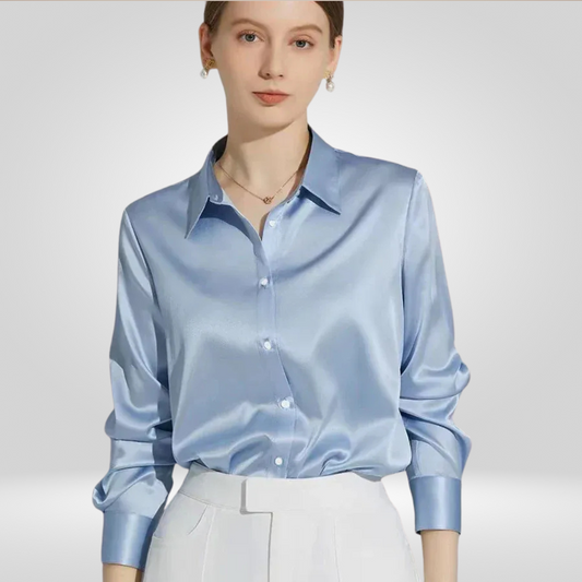 Dames Satijnen Blouse – Elegante Effen Button-up met Lange Mouwen