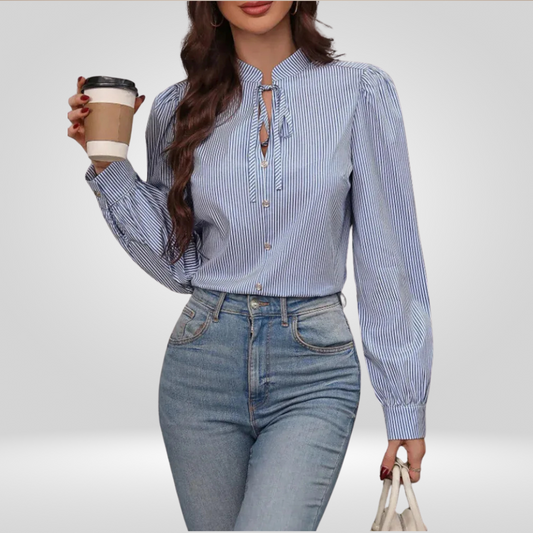 Damesblouse met V-hals – Gestreept Design met Lange Mouwen, Geschikt voor Kantoor