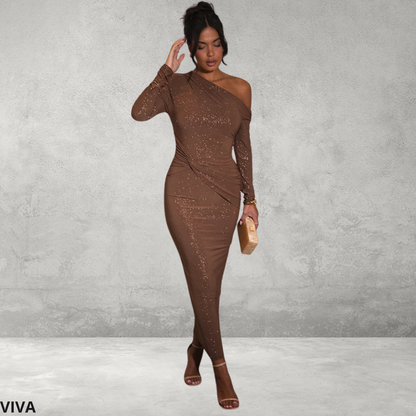 Maxi Bodycon Jurk – Lange Mouwen met Blote Schouder