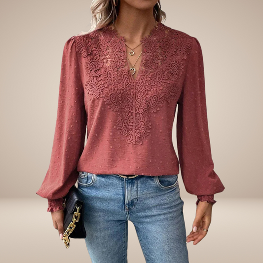 Damesblouse met Kanten V-hals – Luxe Uitstraling, Lange Mouwen en Geschikt voor Kantoor