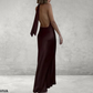 Satijnen Off-Shoulder Jurk – Bruine Midi, Geplooid en Backless