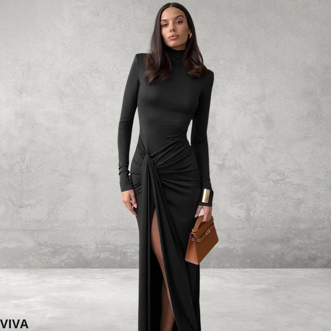 Maxi Jurk – Turtleneck, Hoge Split & Lange Mouwen