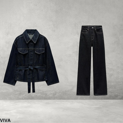 Dames Denim Set – Vintage Jas en Broek met Ceintuur