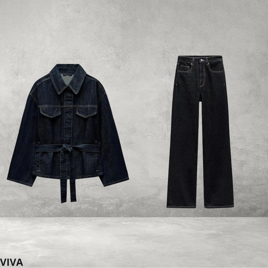 Dames Denim Set – Vintage Jas en Broek met Ceintuur