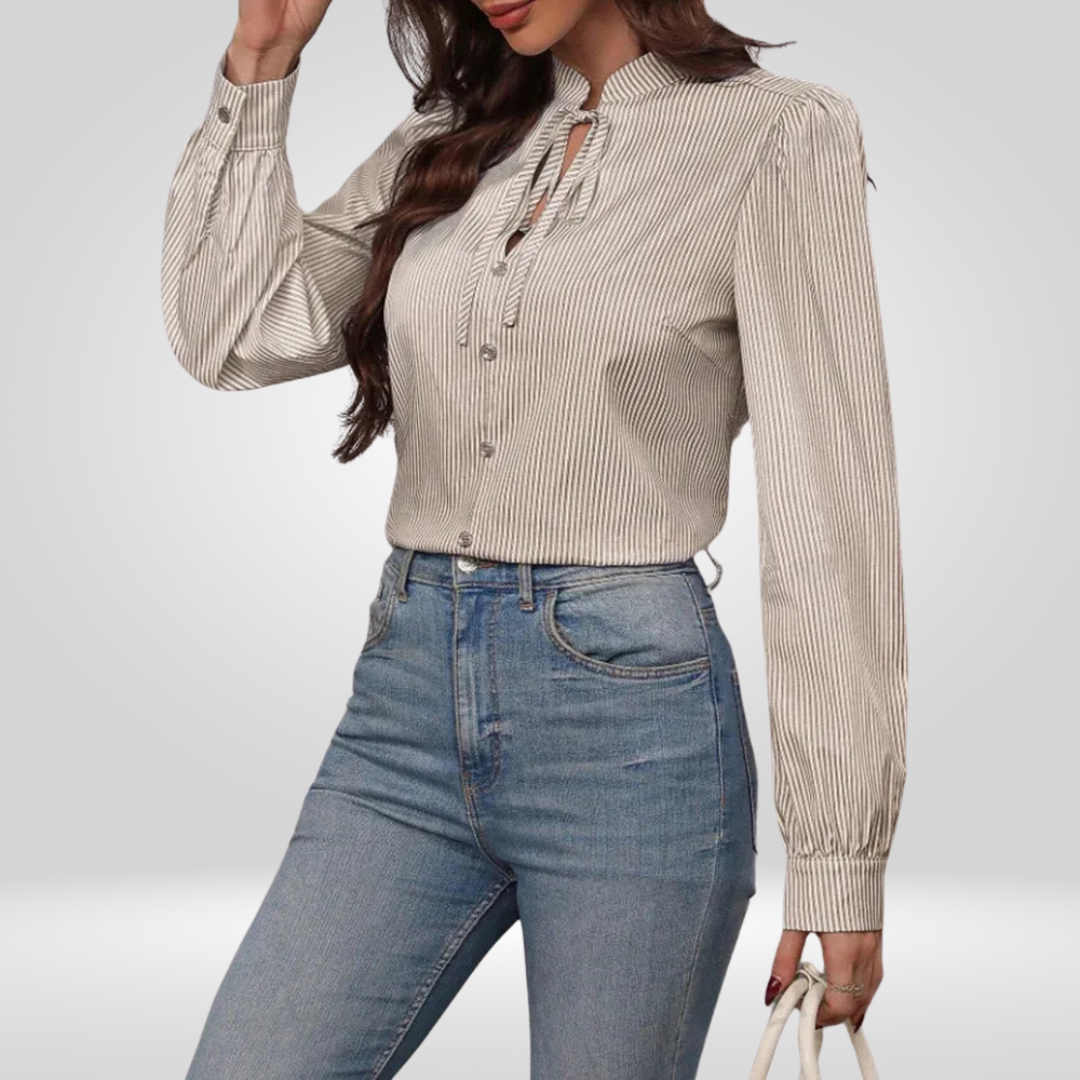Damesblouse met V-hals – Gestreept Design met Lange Mouwen, Geschikt voor Kantoor