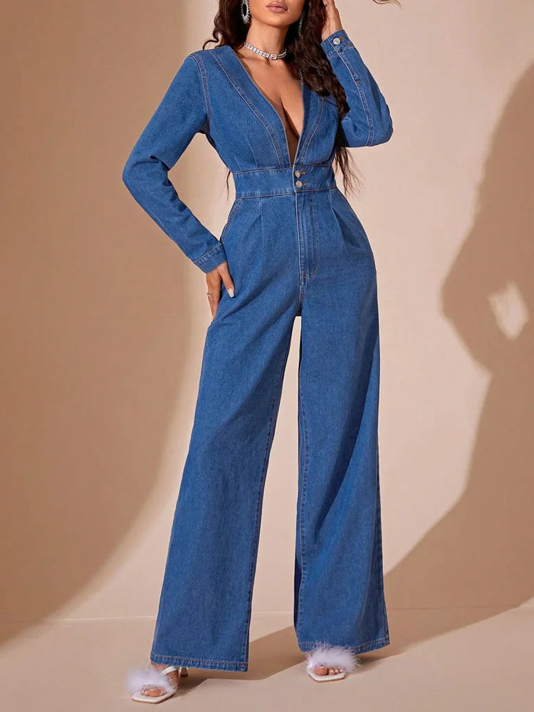 SELENA | Sexy Denim Jumpsuit met Diepe V-Hals