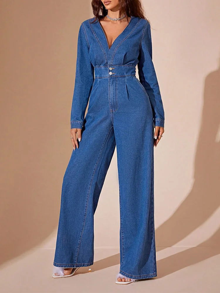 SELENA | Sexy Denim Jumpsuit met Diepe V-Hals