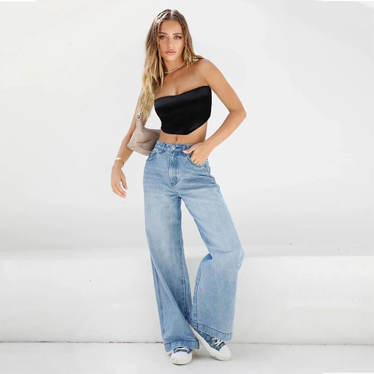 Hoge Taille Dames Jeans – Losse Pasvorm met Brede Pijpen