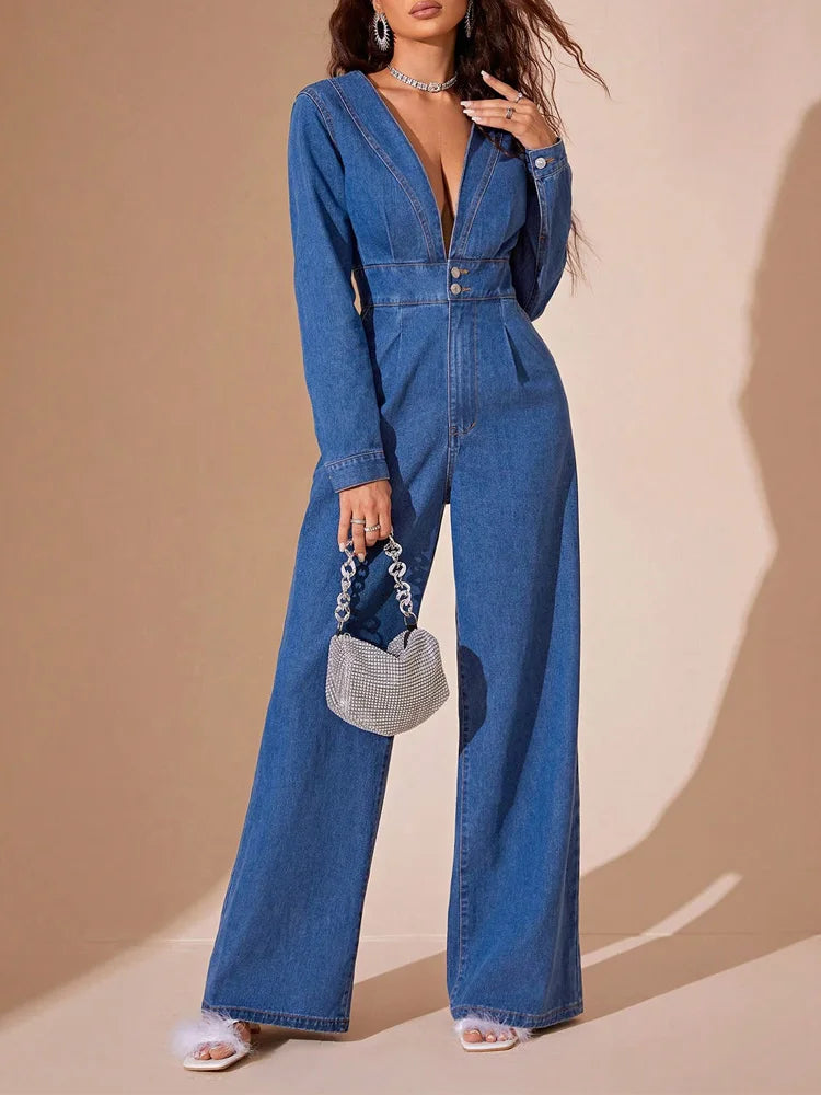 SELENA | Sexy Denim Jumpsuit met Diepe V-Hals