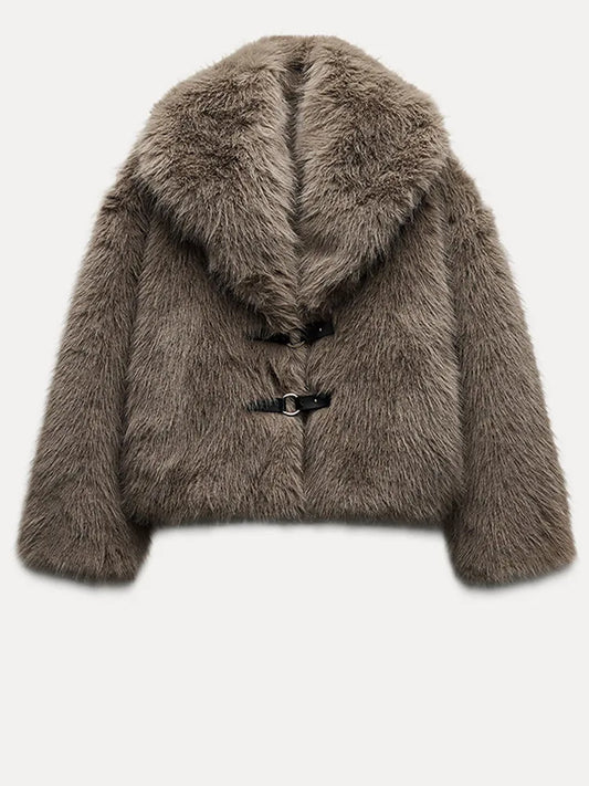 AMELIA | Bruine Faux Fur Winterjas met Riem & Knopen