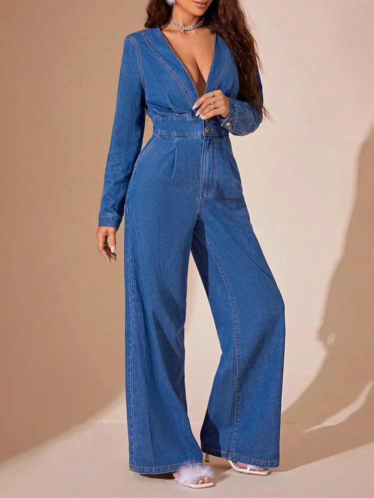 SELENA | Sexy Denim Jumpsuit met Diepe V-Hals