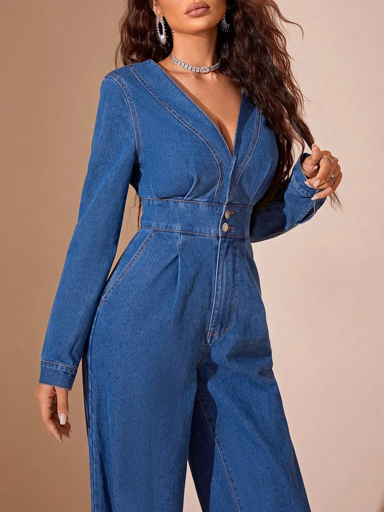 SELENA | Sexy Denim Jumpsuit met Diepe V-Hals