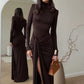 Maxi Jurk – Turtleneck, Hoge Split & Lange Mouwen